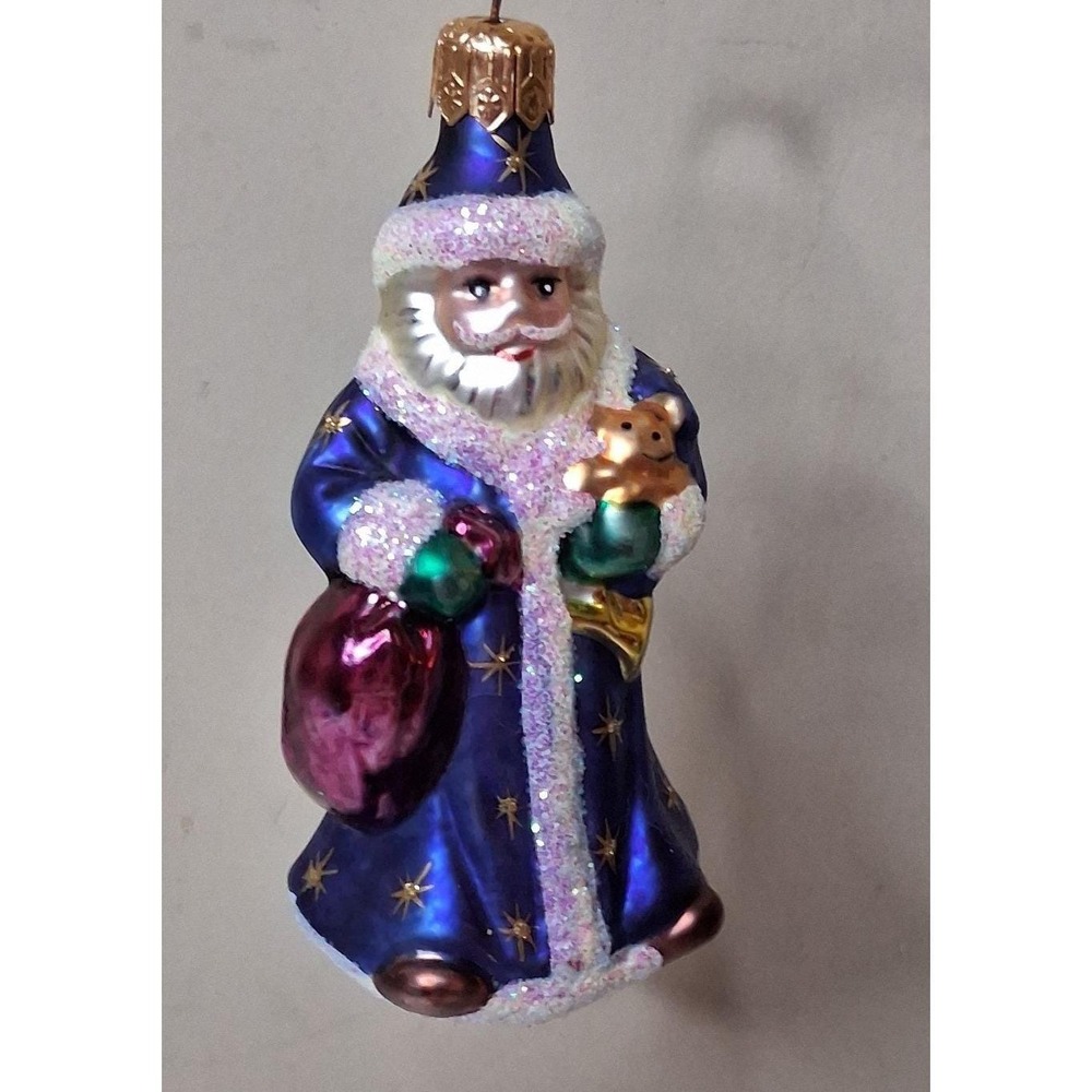 Vintage Radko Glass Santa Christmas Ornament Blue Robe‎ Teddy Bear Glitter 4"